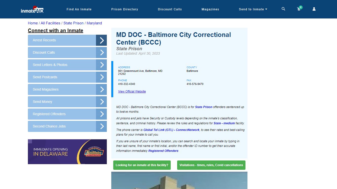 MD DOC - Baltimore City Correctional Center (BCCC) - InmateAid